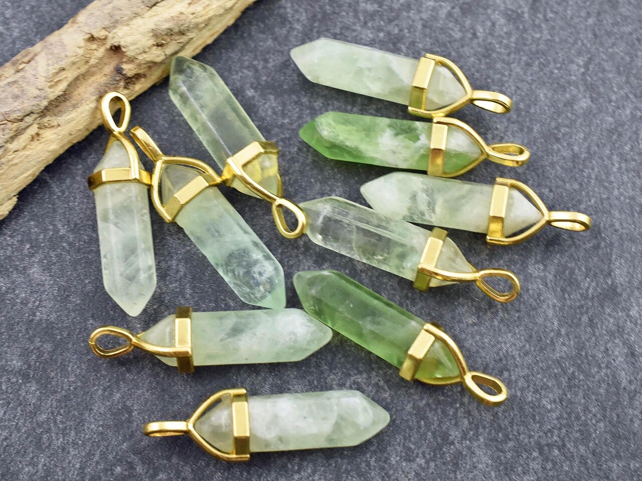 40mm Gold Tone Natural Green Flourite Double Terminated Bullet Pendant